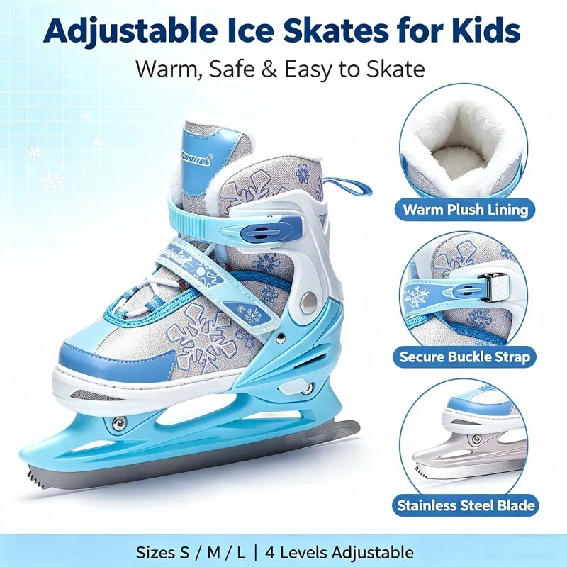 3‑Size Adjustable Figure Ice Skate Shoes Adjustable Kids Ice Skates for Girls Boys Warm Fleece Lined Ice Skating Boots