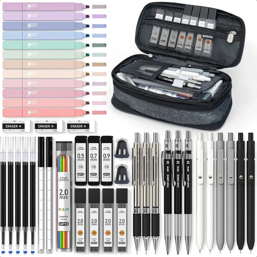 45 PCS School plies with Pen Case 6 Gel Pens 6 Art Mechanical Pencil Set 12 Highlighters for College entials Office Stationery