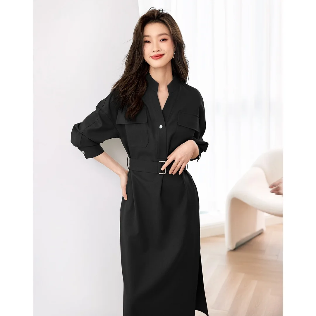 Retro minimalista com decote em v assimetria lado fenda camisa vestidos para feminino chique luxo high-streetslim vestido primavera outono roupas