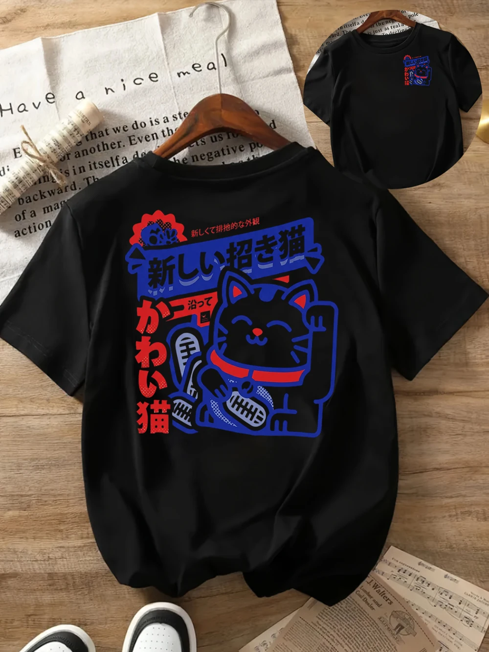 Japanese Maneki Neko Lucky Cat T-Shirt Kawaii Graphic Tee Summer Short Sleeve Harajuku Streetwear Fashion Unisex Trendy Tops