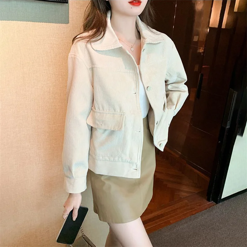 Spring Autumn Short Corduroy Jacket 2024 New POLO Collar Casual Women's Clothes Outeawer Solid Colour Fashion Pocket Coat Female