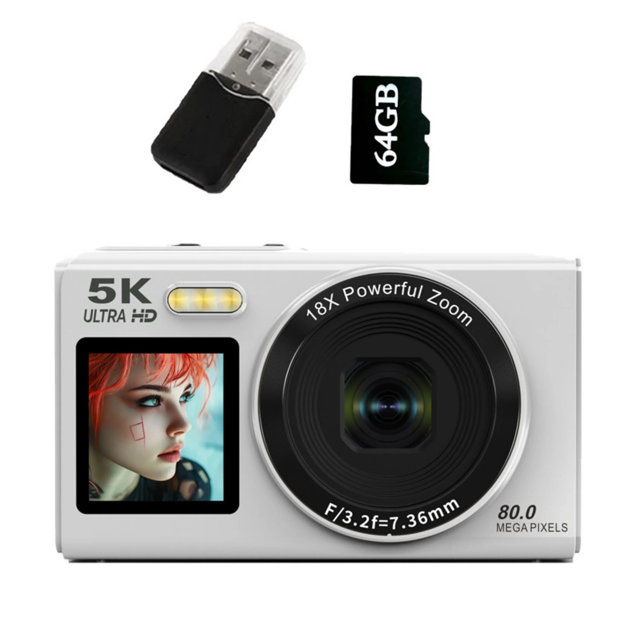 Fotocamera digitale con scheda da 64 GB e lettore USB 5K UHD 8000 W Pixel con zoom 18X Messa a fuoco automatica per viaggi e vita quotidiana Bianco