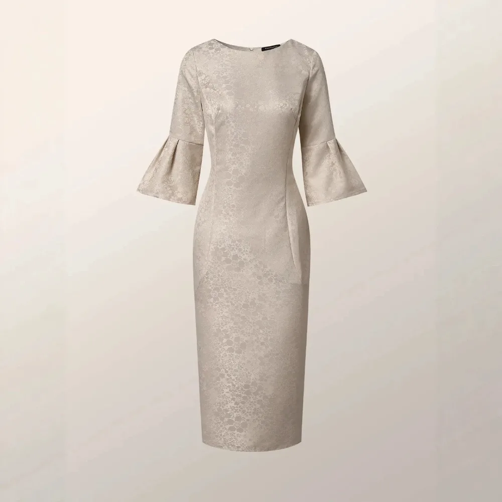 Women Jacquard Boat Neck Midi Dress Bell Half Sleeve 2026 Bodycon Slim Fit Wedding Guest Evening Party Cocktail Elegant Chic New