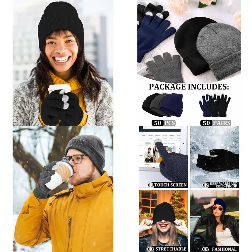 

100 Pack Unisex Winter Beanies & Touchscreen Gloves, Bulk Warm Hats & Gloves for Men & Women, Ideal Gift for Cold Weather