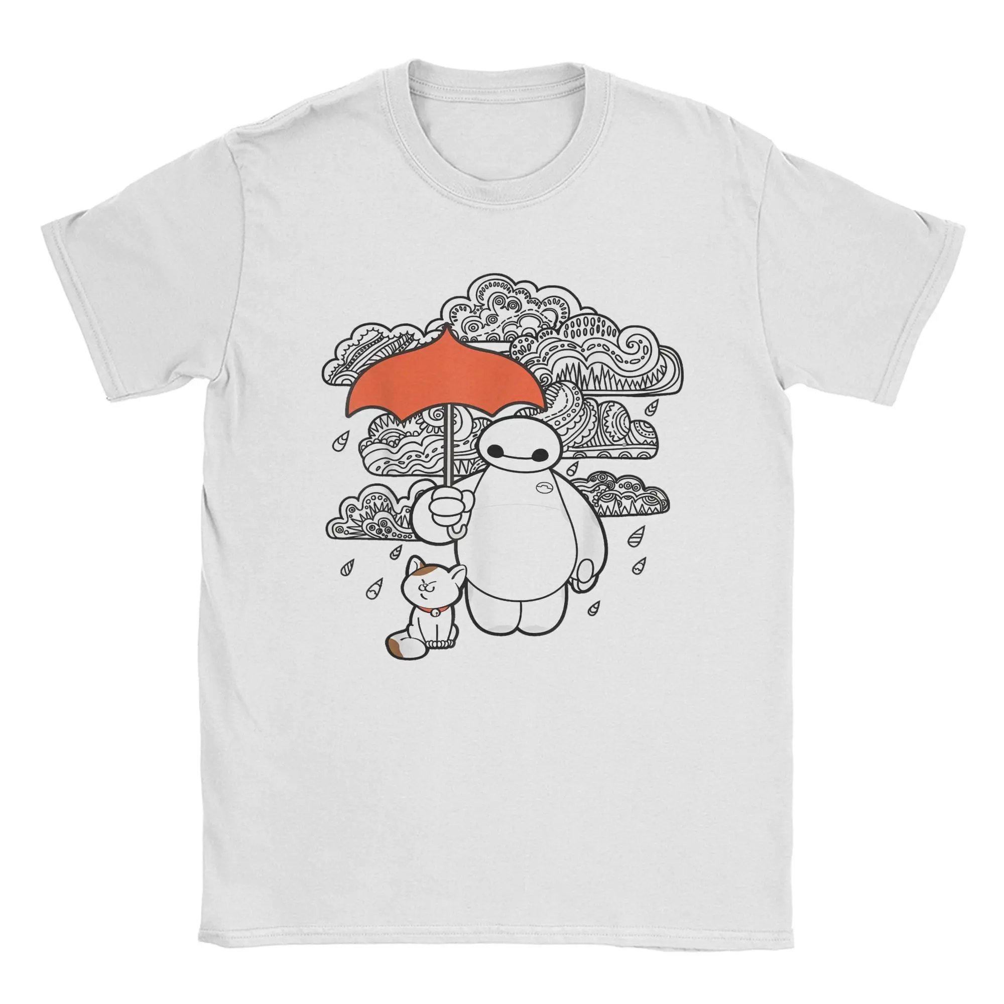 Men T-Shirt Big Hero 6 Baymax Rain Clouds Vintage Cotton Tees Short Sleeve Cartoon Movie T Shirt Crewneck Clothing Gift