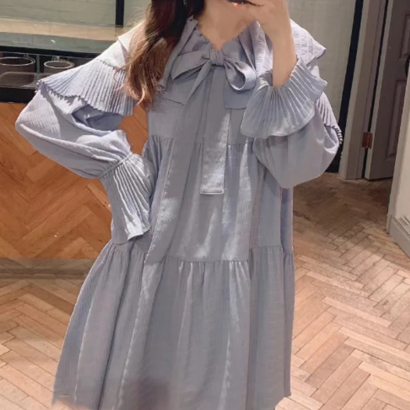 

WAKUTA 2024 Spring Summer Bow Peter Pan Collar Dresses Flare Sleeve Mid-length Robe Femme Japanese Ruffle Sweet Fairy Vestidos