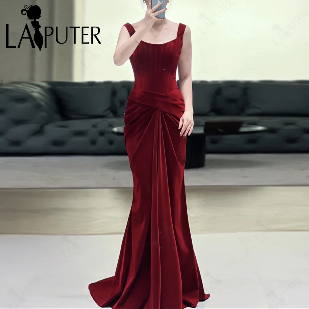 Wide Straps Claret Velvet Prom Dresses Red Boned Bodice Ruched Hips Mermaid Evening Gowns Sweep Train Burgundy Celebrity Dress