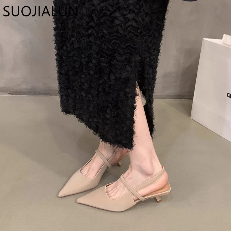 SUOJIALUN 2024 Spring New Brand Women Sandal Fashion Pointed Toe Shallow Slip On Slingback Shoes Thin Med Heel Outdoor Dress Mu