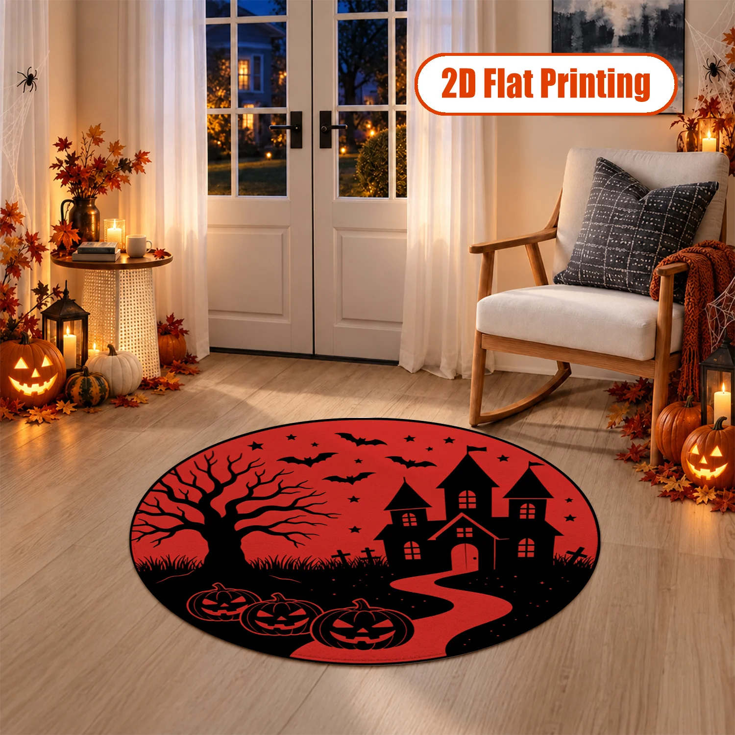 Halloween Haunted House Pumpkin Bat Pattern Velvet Rug Machine Washable for Living Room Bedroom Entryway Dining Room Halloween Thanksgiving Christmas New Year Black Friday Cyber Monday