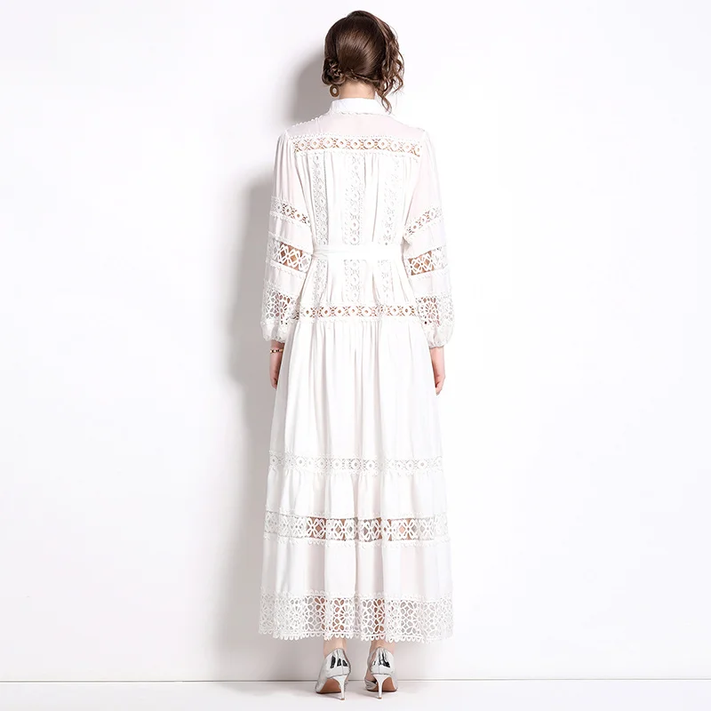 Brand Designer Summer Autumn Holiday Long Sleeve Maxi White Dress Shirt Women Sexy Hollow Out Loose Embroidery Vestidos