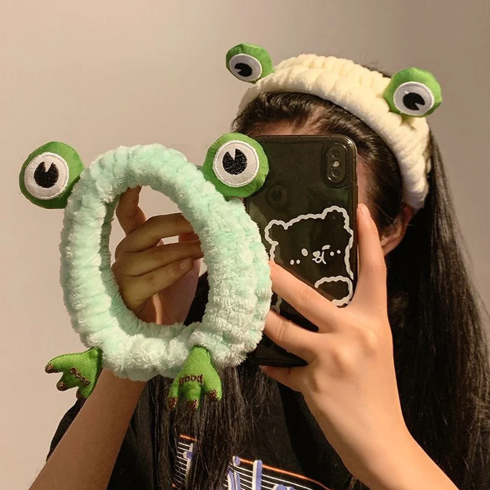 Cute Frog Big Eyes Plush Headbands Soft Coral Fleece Elastic Hair Band For Women Washing Face Makeup Cosmetic Turban Headwrap