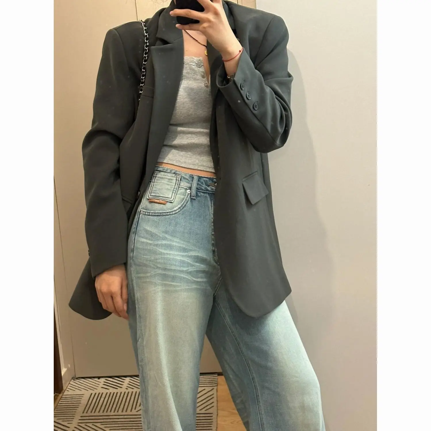 

Long Coat Woman Women'S Blazer Medium Laple Flower All Match Spliced Heavy Chain Folds Pu Leather Bodycon Working Shawl Autumnal