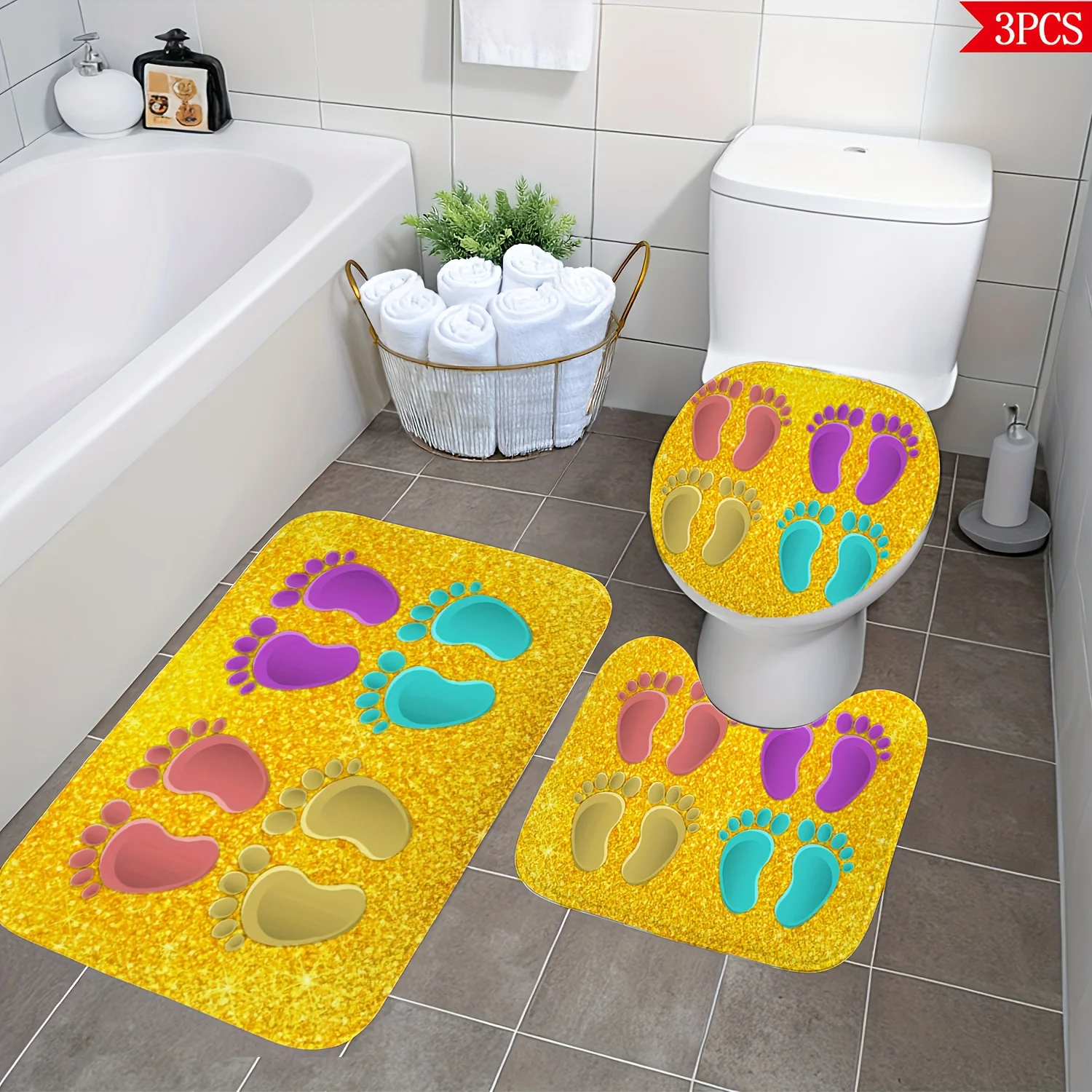 3pcs Fun Footprint Bathroom Mat Set Non Slip Rug Floor Mat Decor Household Bath Accessories Mat for Home Use