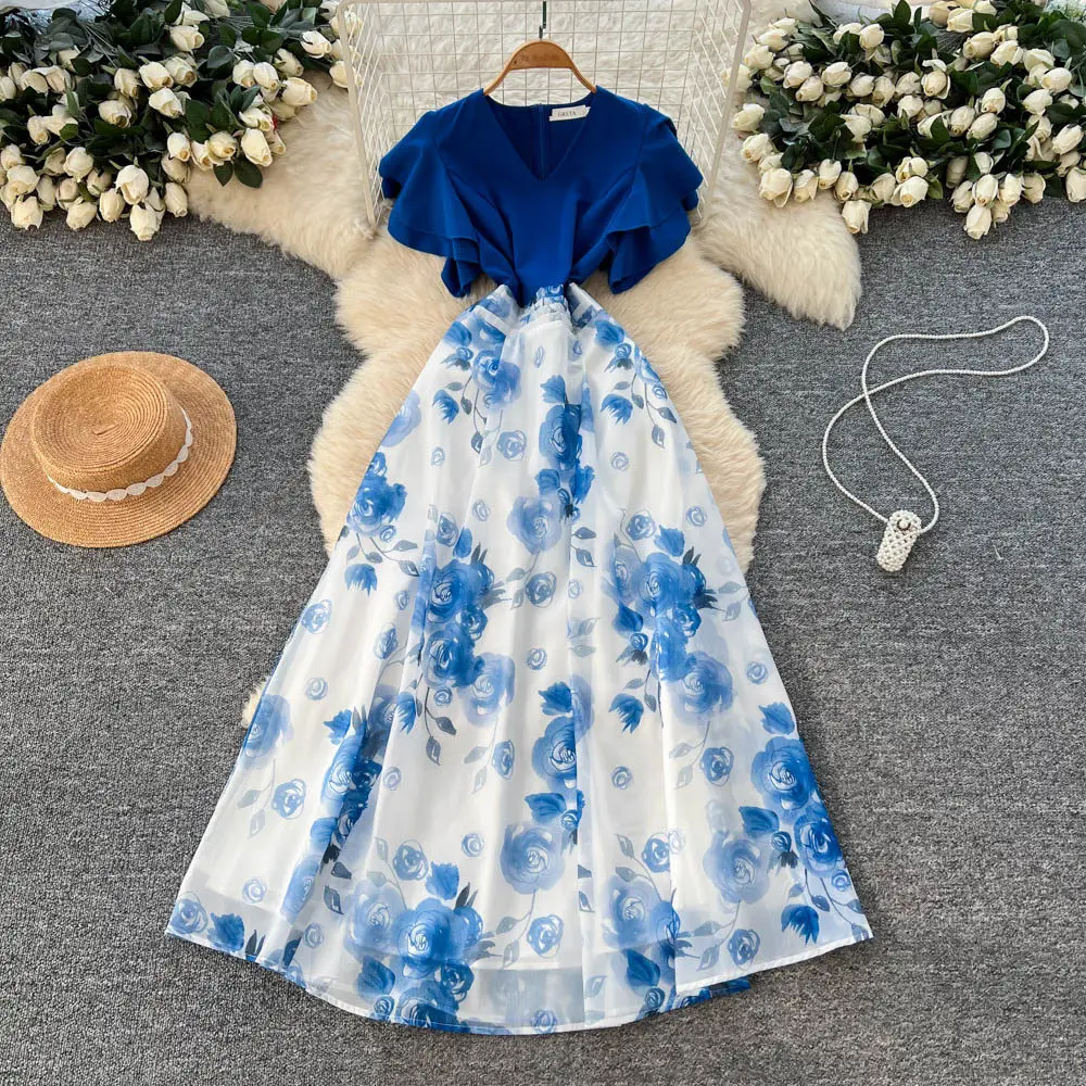 

Women Print Dresses A Line Spliced Dress Ankle Lenth Ruffles Sleeves V Neck Waist Cinch Slim Fit Casual Office Lady 2026 Summer