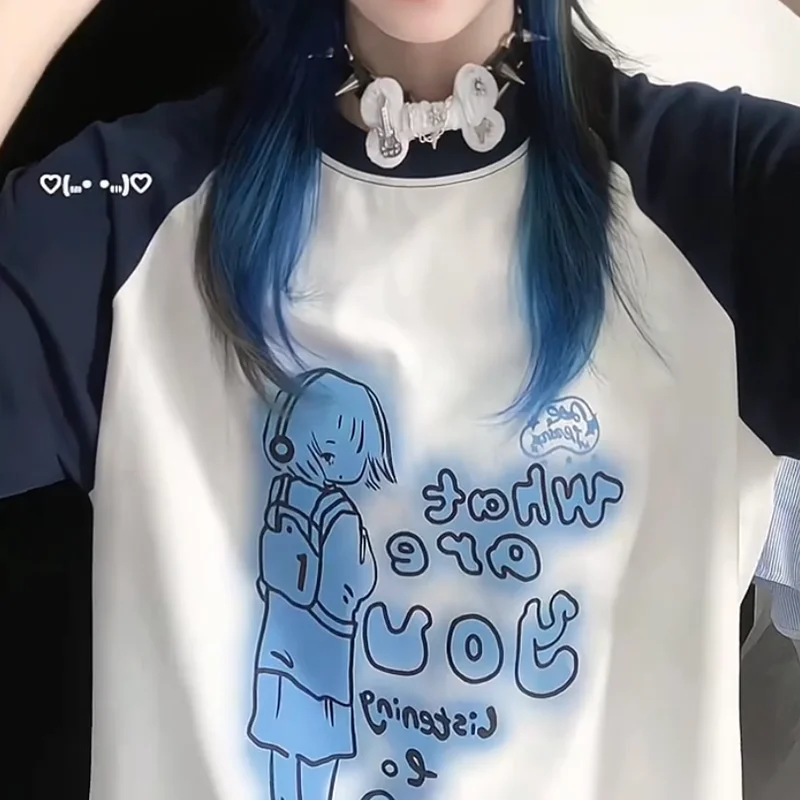 Printed raglan sleeves short sleeve T-shirt female summer color matching headphones girl design relaxed fashion Joker top.