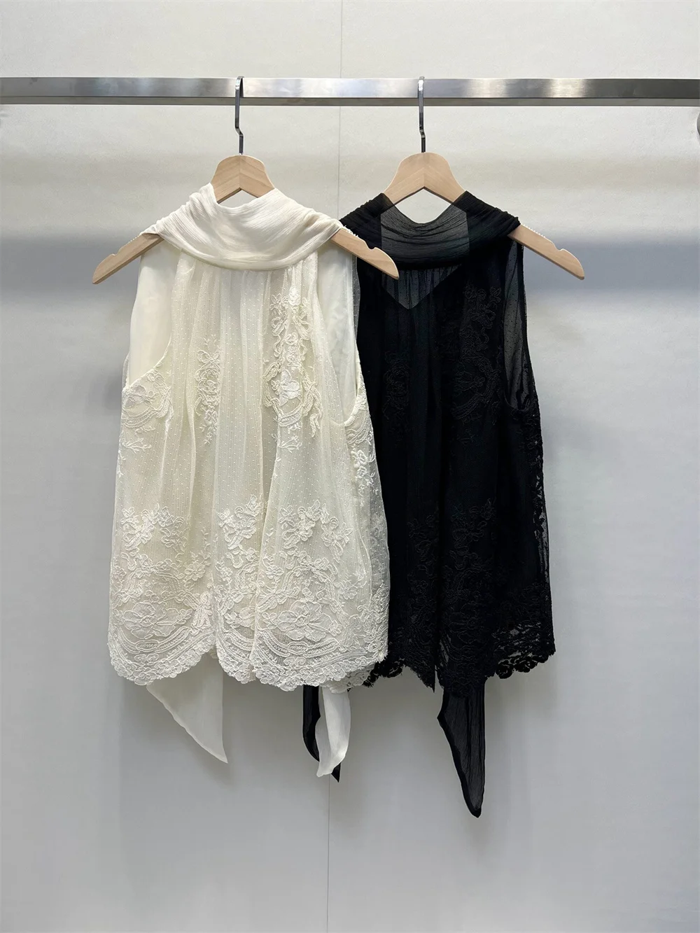 Summer Women's Elegant Silk Tanks Top with Lace Embroidery Ribbon Vest Top