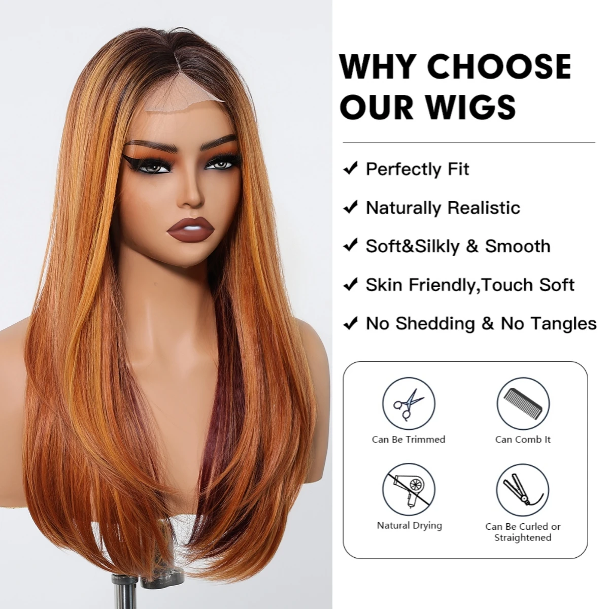 ยาวตรงทองแดงวิกผมสังเคราะห์ Hairline ลูกไม้ด้านหน้าวิกผมธรรมชาติวิกผมกลางสําหรับคอสเพลย์ทุกวันไฟเบอร์ทนความร้อน