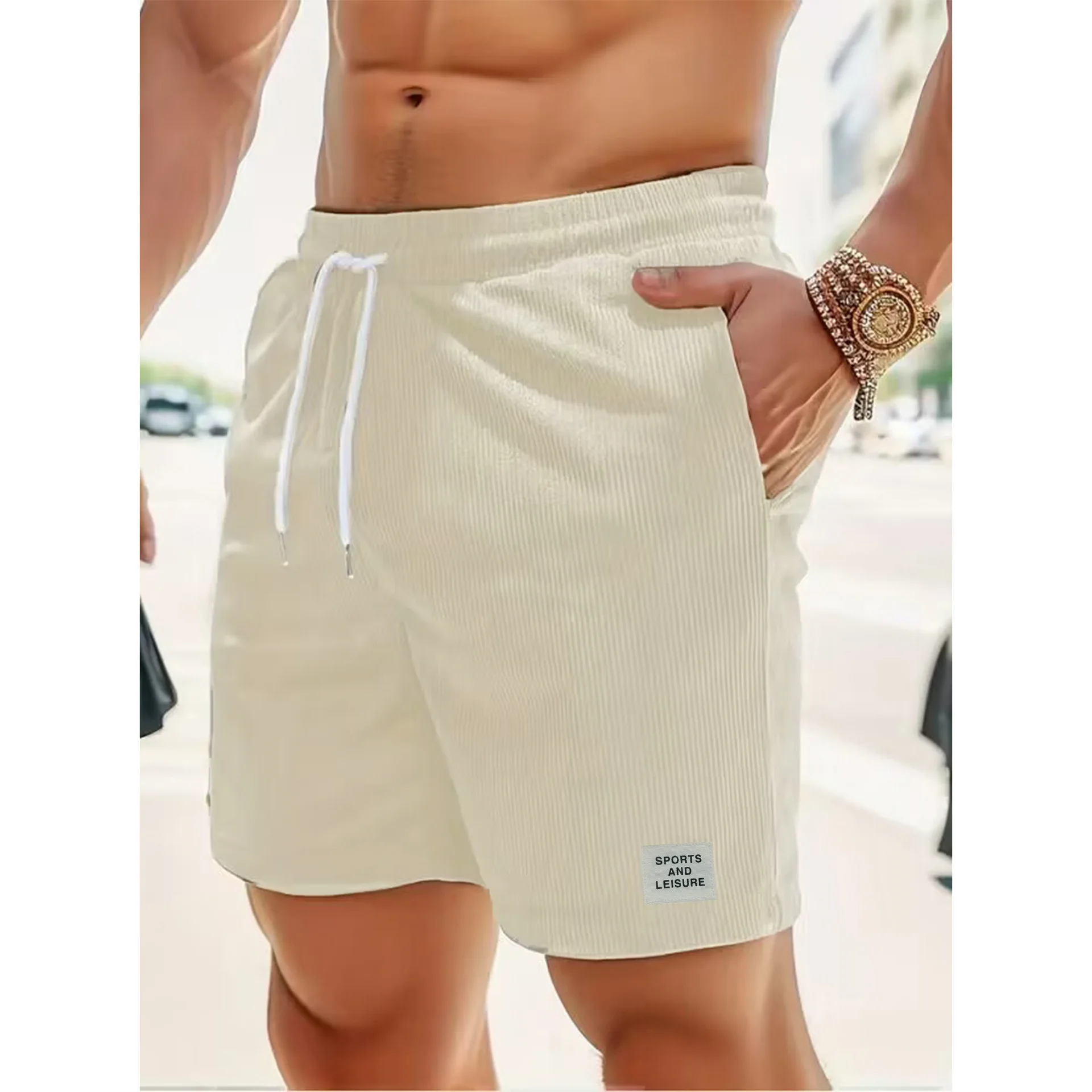 Summer New Solid Color Lace-up Sweatpants Corduroy Simple Five-quarter Shorts Men's Shorts Sports Casual Pants Skin Friendly