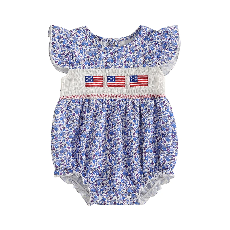 

4th of July Floral Romper for Baby Girl American Flag Embroidered Flying Sleeve Smocked Bodysuit Cute Summer Clothes