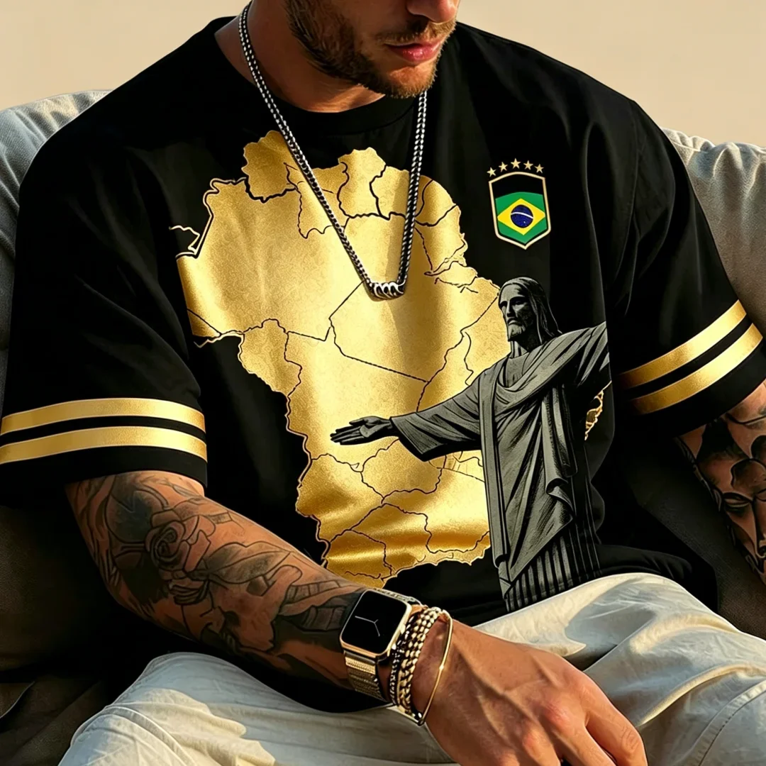 Men's Brazil Map Christ Statue Pattern T-shirt Flag Badge O-neck Short Sleeved Streetwear Football Fan Casual Summer Top