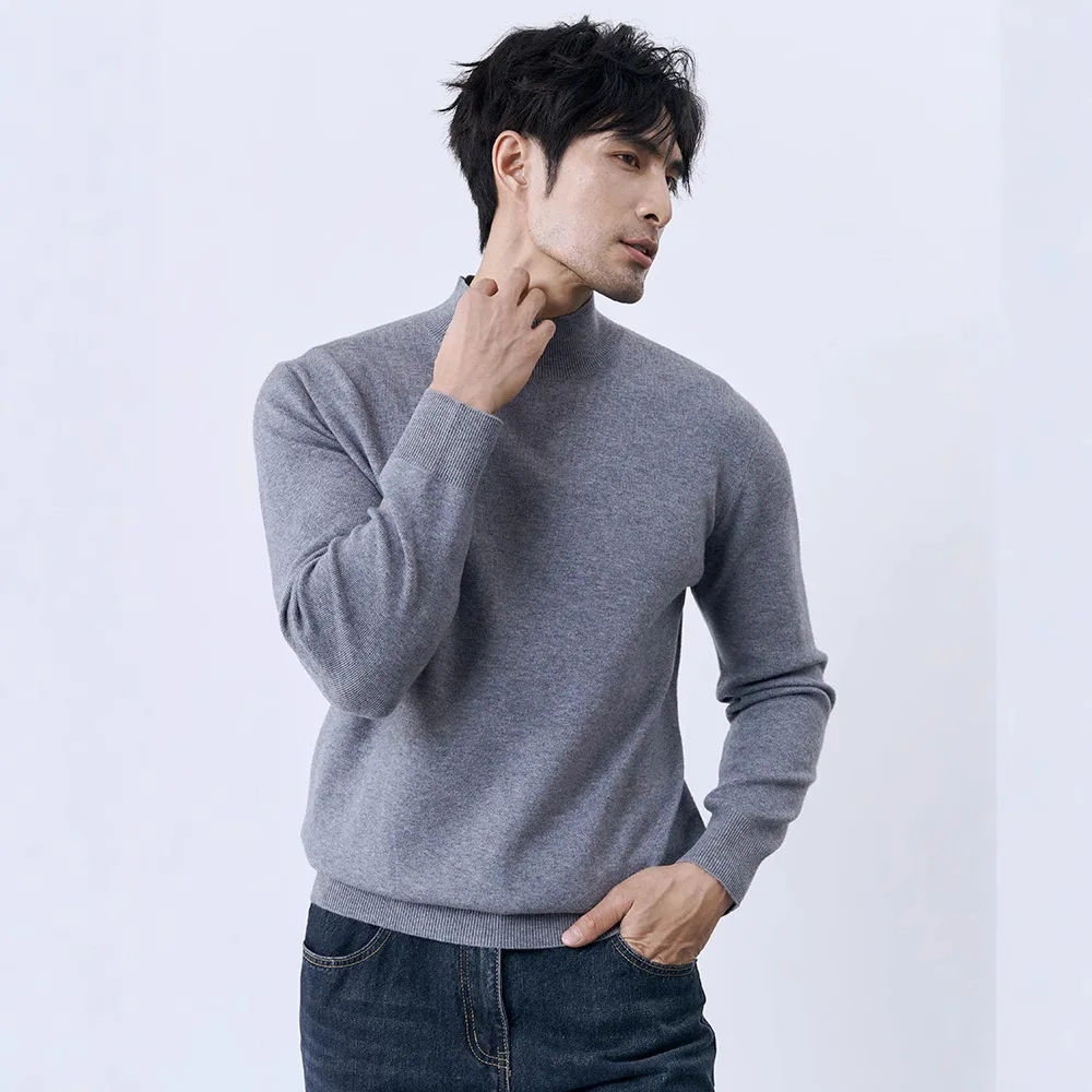 Suéter cómodo y cálido de punto con medio cuello alto para hombre, jersey informal de negocios de manga larga elástico ajustado