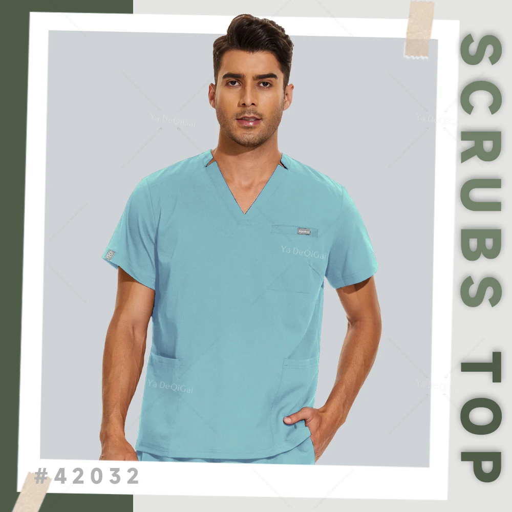 Uniformes médicos com decote em v para homens, camisas de trabalho de enfermagem clássico, blusa de manga curta, vestuário clínico, 2XL