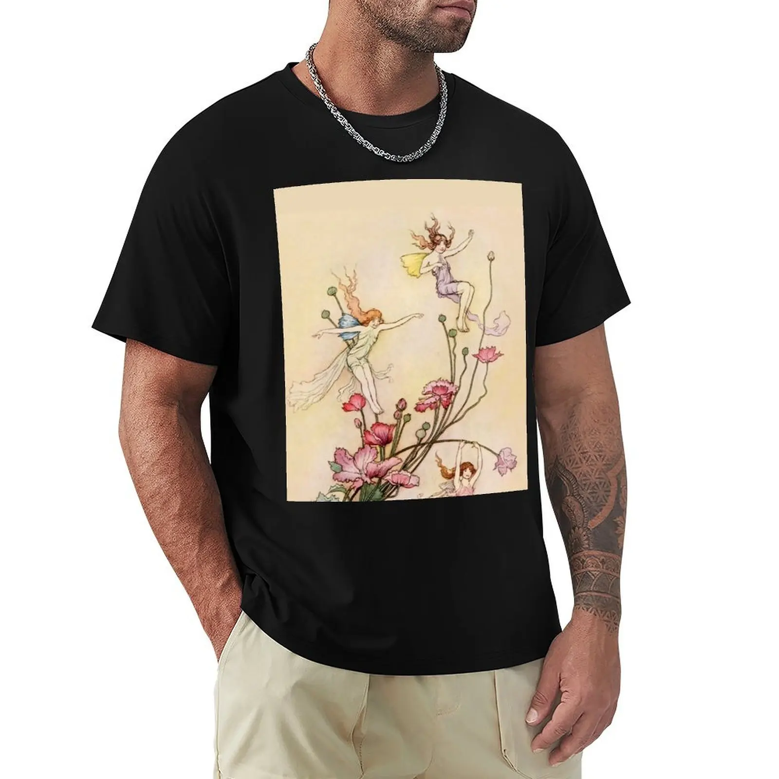 

“Three Spirits Mad With Joy” by Warwick Goble T-Shirt T-shirts oversize vintage blue lock T-shirt men