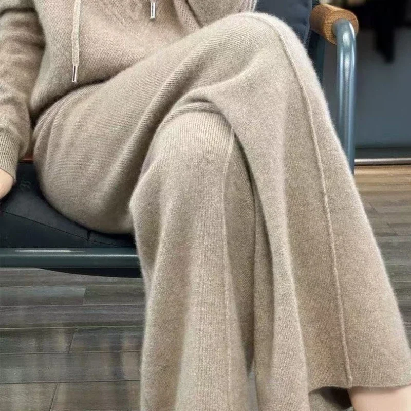 Women Merino Wool Knitted Wide Leg Pants Autumn Winter Basic Soft Warm Cashmere Knit Trousers Casual Simple Style Korean 2025