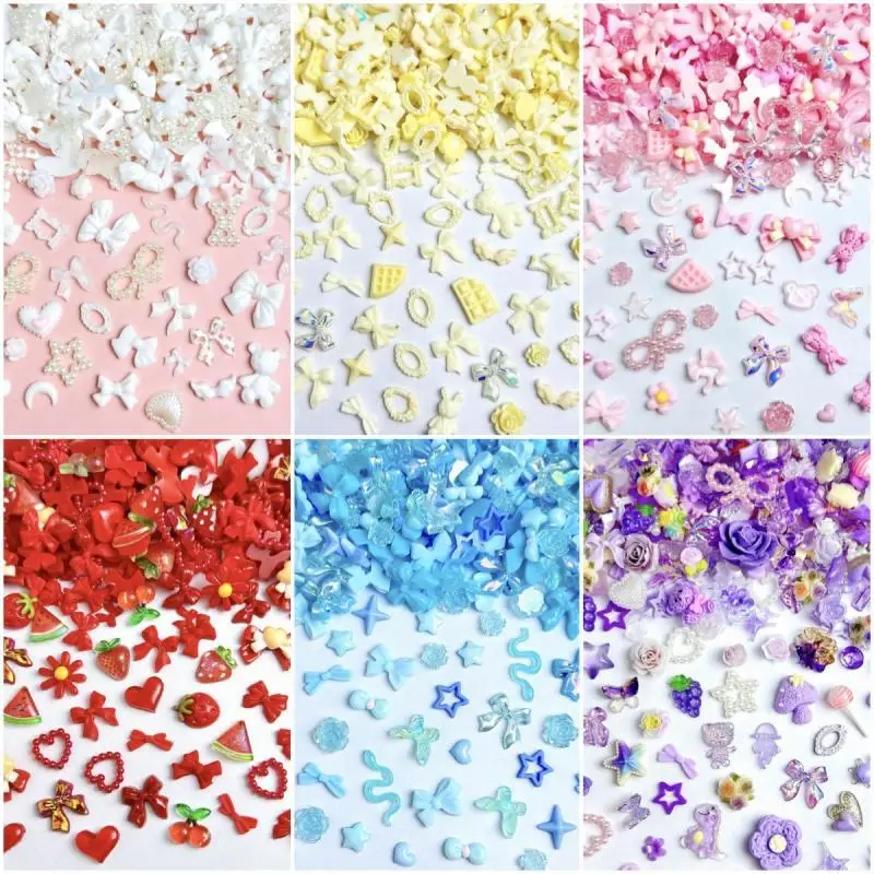 50PCS Dopamine Colored Resin Bows Flowers Nail Charms Simulated Biscuits Cherry Cartoon Bear Rabbit Nail Art Decorations for DIY