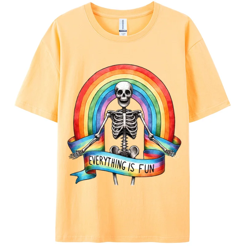 Rainbow Skull Print Cotton Black Women's T-Shirt Loose Stretch Fabric Short Sleeve High Street Design Top Breathable  Comfort