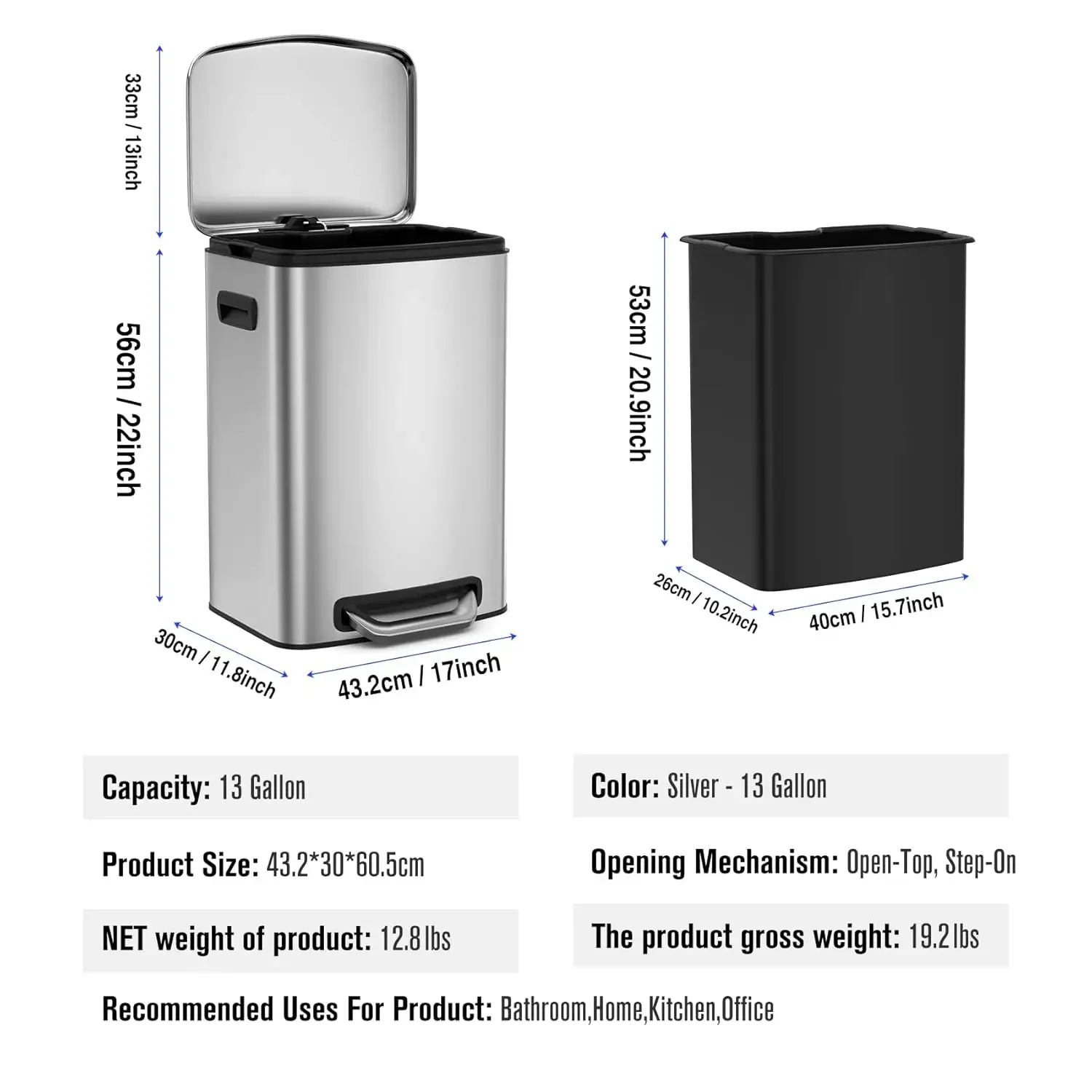 13 Gallon Stainless Steel Foot Pedal Trash Can with Soft Close Quiet Lid, Stainless-Steel Thickened Body Rectangular G