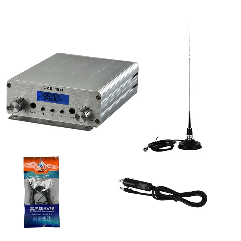 CZE-15A 15Watts 15W FM Transmitter Radio Broadcastin Small Radio Station with CAR Suck Antenna Cable Kit for Church, Theater