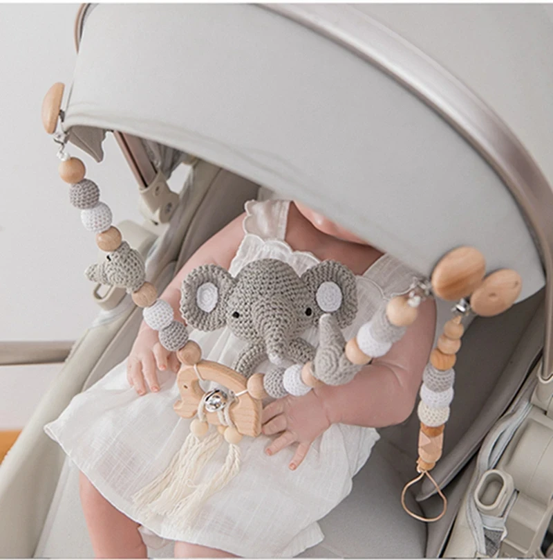 Baby Stroller Chain Cartoon Elephant Pendant Stroller Mobile Crochet Beads Crib Baby Gym Rattle Wooden Toys Gifts Teething Toy