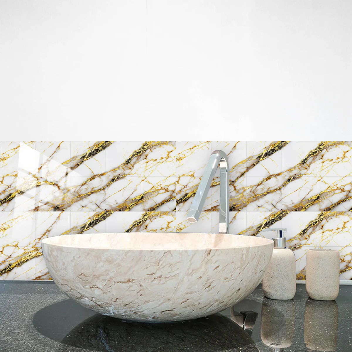 Gold & White Marble Tiles Sticker Kitchen Backsplash Oil-proof Bathroom Peel & Stick Waterproof Surface Gloss Art Wall Decals