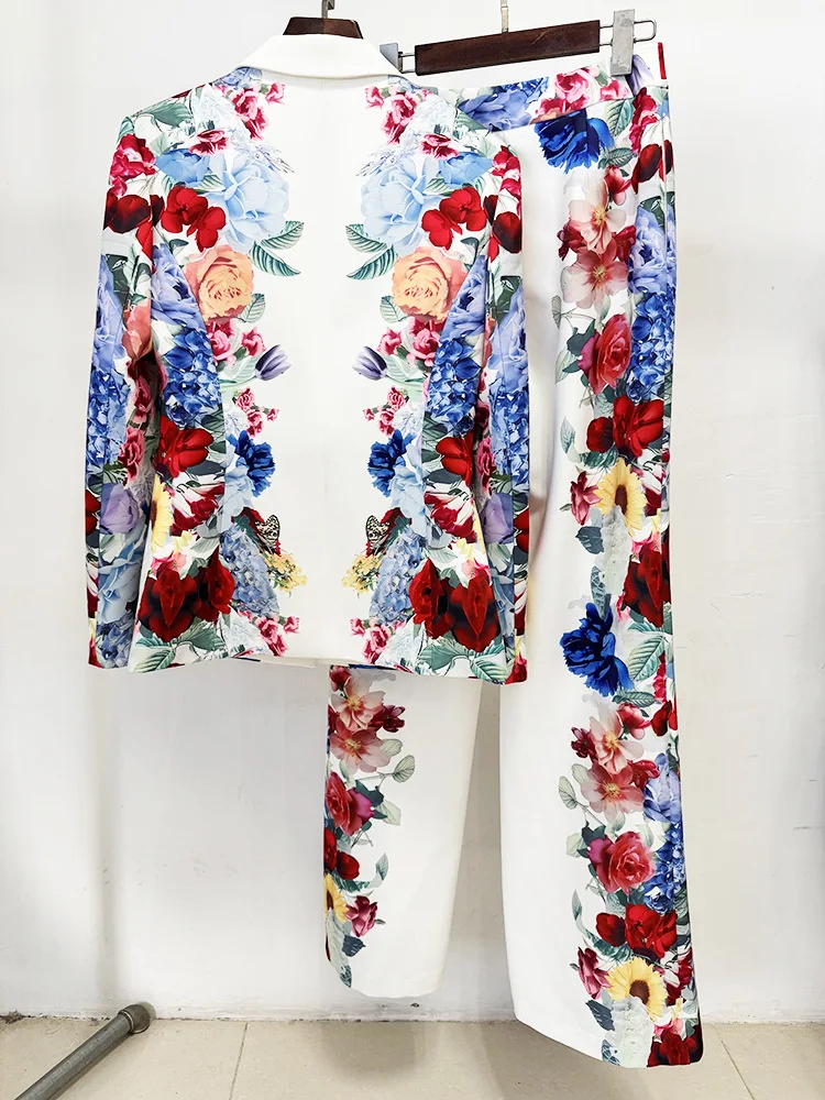 2025 Nieuwe Vrouwen Sexy Lange Mouw Print Bloemen Wit Twee Stukken Broek Bandage Set Celebrity Designer Mode Dames Set