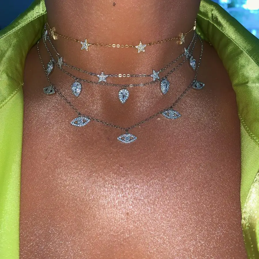 

925 Silve Chocker Necklaces Thin Chain Link Dainty Stars Boho Women Collar Trendy Sweet Jewelry