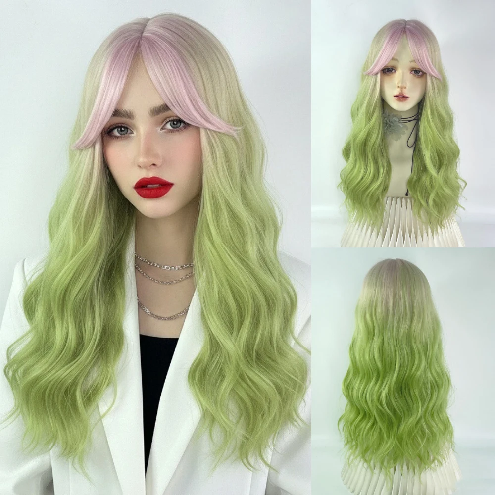 

Длинный волнистый парик омбре розово-зеленый для женщин, синтетический, с челкой, в стиле Лолита, для косплея, пушистый, термостойкий, для повседневной носки и вечеринок