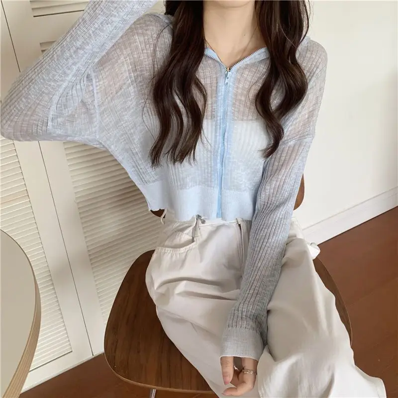 Hooded Cardigan Women Sun Protection Knitted Thin Summer New Zippers Slim Fashion All-match Daily Chic Transparent Crop Tops