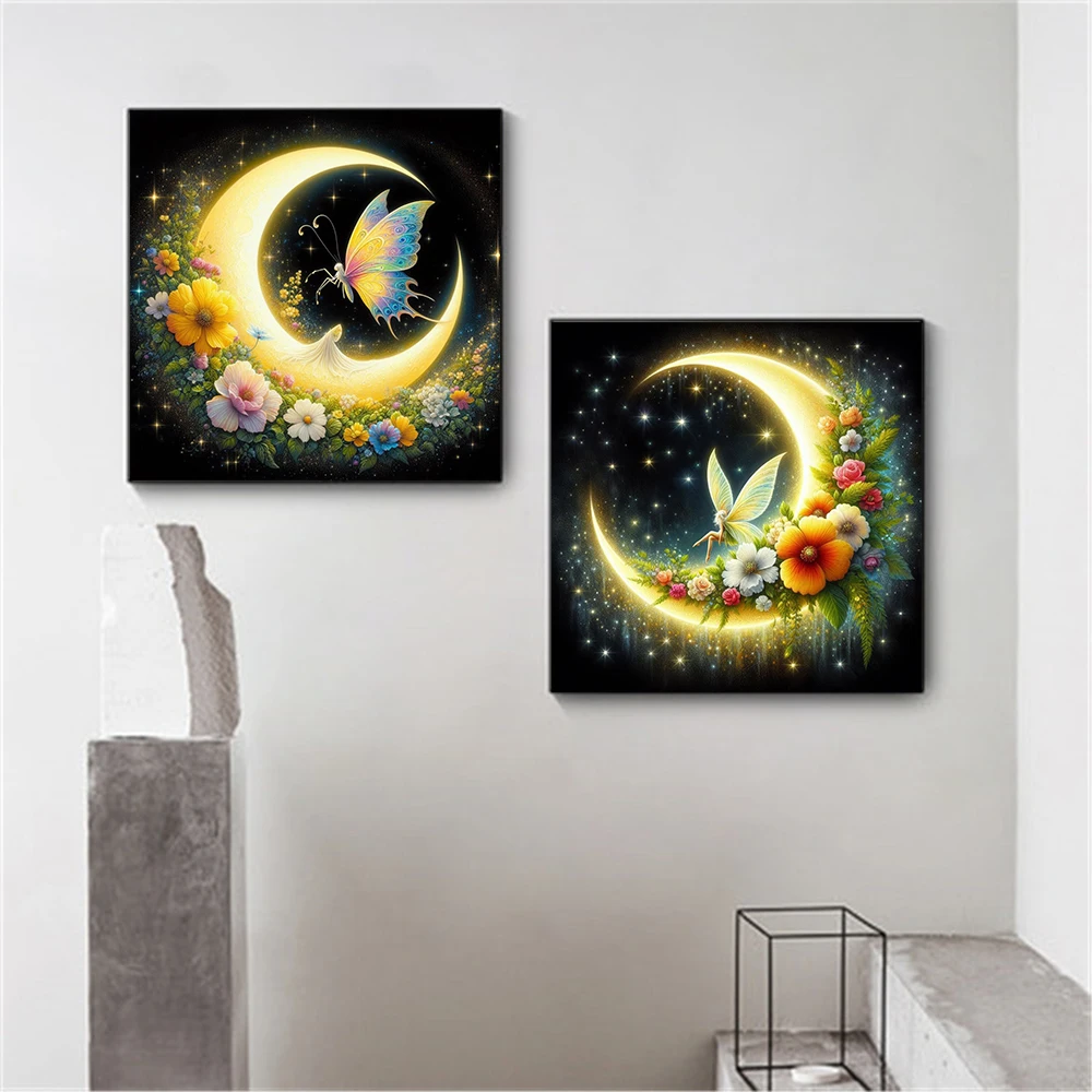 Glowing Moon With Butterfly And Flower Diamond Painting Fantasy Starry Sky 5D DIY Full Drills Embroidery Cross Stitch Decor Gift