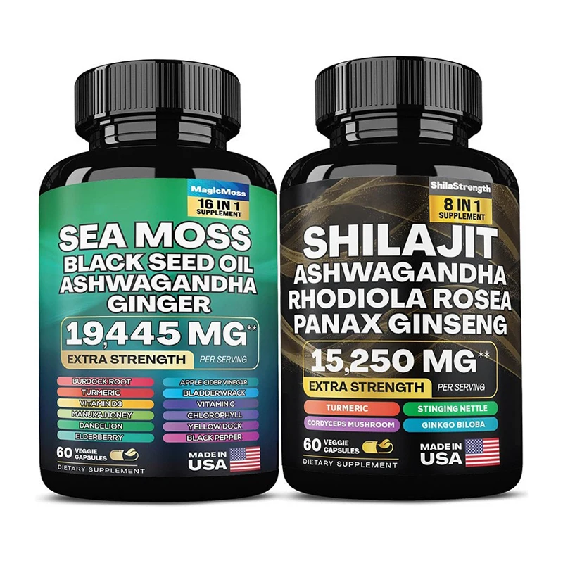 

1 Bottle 100% Organic SHILAJIT Capsules+1 Bottle SEA MOSS Capsules, Enhance Strength, Energy, Endurance, Support Immunity