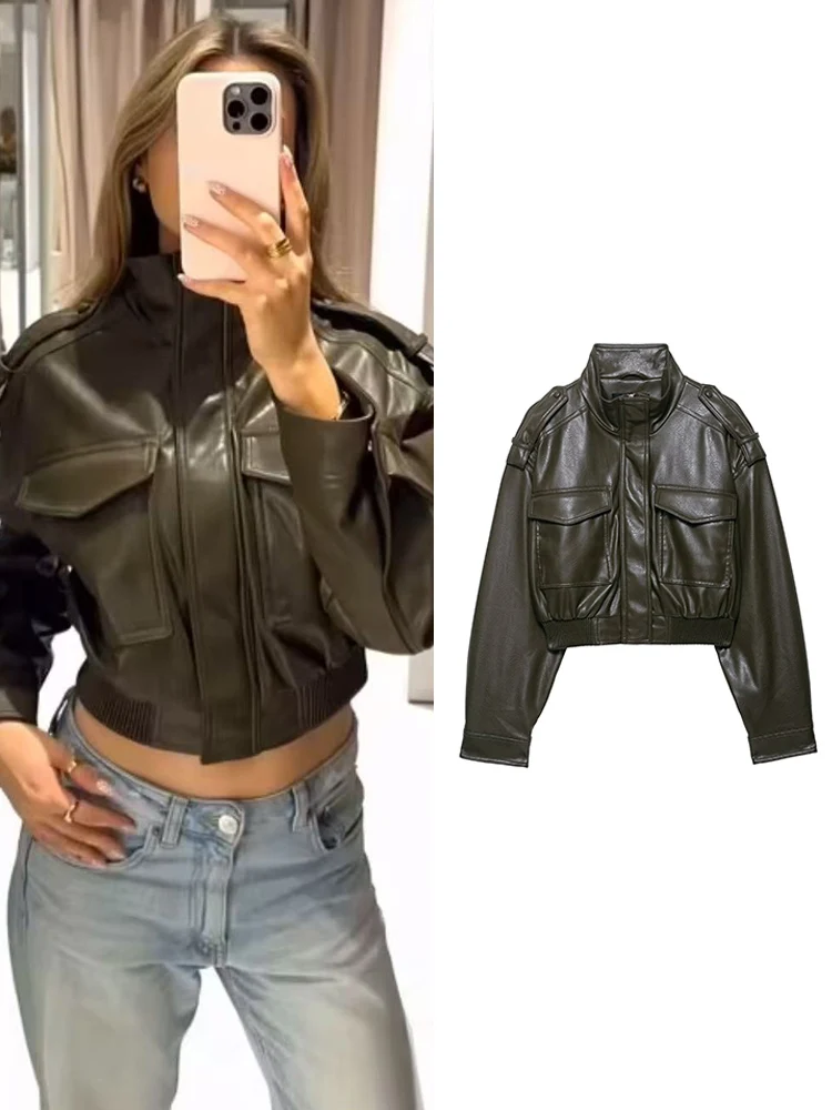 Chaqueta ajustada de piel sintética para mujer, chaquetas recortadas con cremallera de PU, abrigo Bomber informal con bolsillo para primavera y otoño, ropa de calle para discoteca para mujer