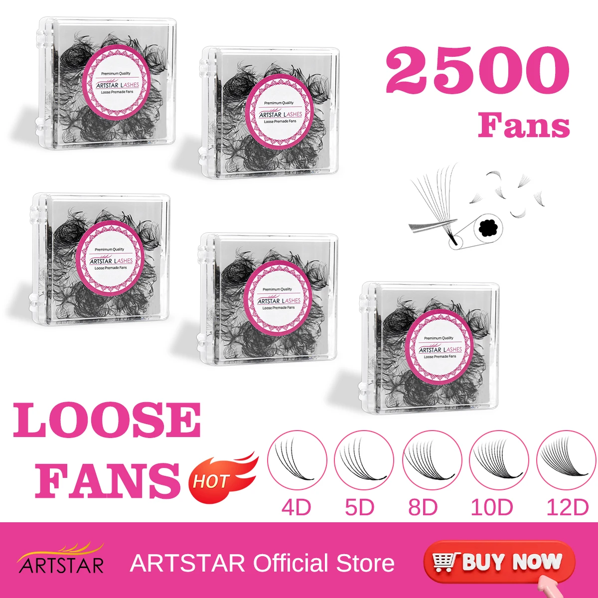 ARTSTAR 2500Fans Loose Eyelash Extensions 3D-20D Premade Fan Lashes Pointy Base Volume 5Pcs/lot Set for Professional Use