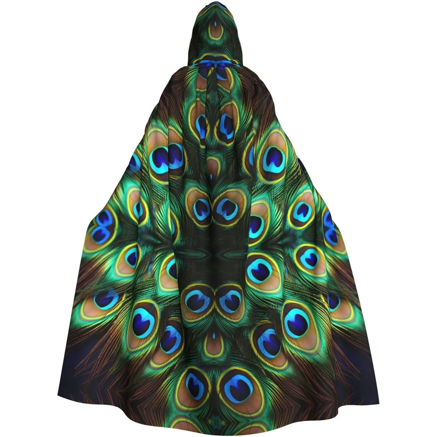 

Halloween Adult Hooded Cape Cloak Peacock Feathers Picture Super Large Hooded Cloak with Bow Tie