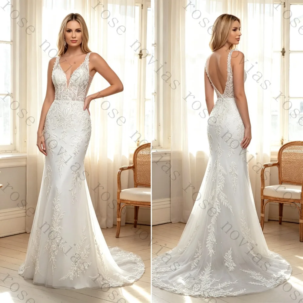 Customized White Mermaid Wedding Dress with Deep V-Neck and Sleeveless Design Elegant Sheer Bodice Bridal Gown with Court Train