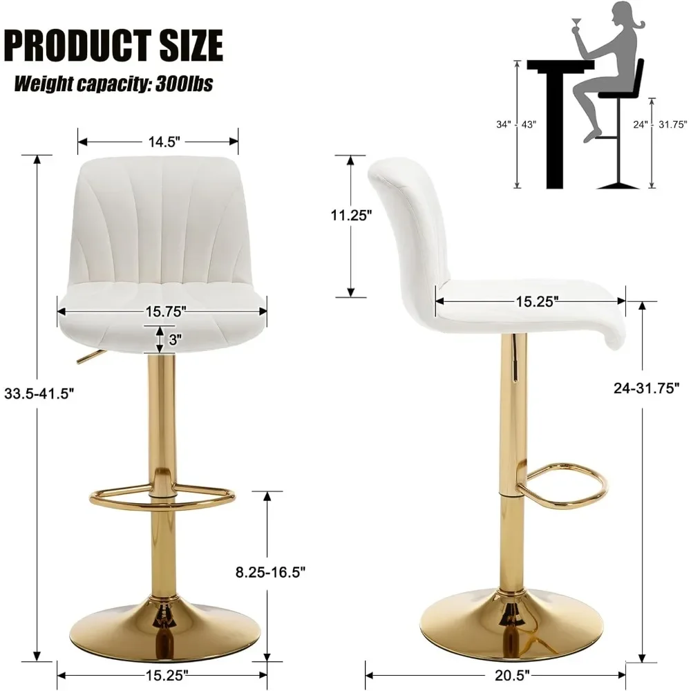 Swivel Bar chair Set of 4, Counter Height Barstools with Golden Base, 5 Minute Assembly, Adjustable Velvet Armless Bar Chair