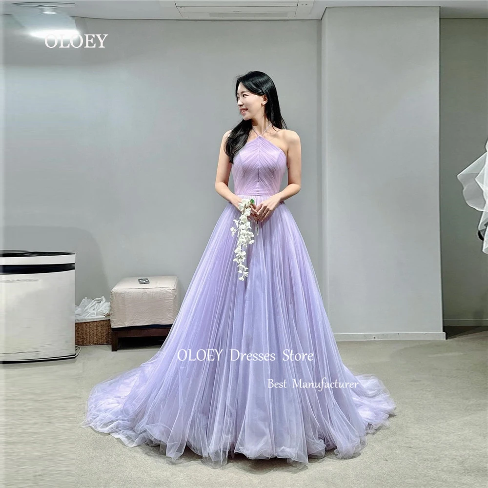 

OLOEY Elegant Lavender Tulle A Line Evening Dresses Korea Halter Princess Prom Gowns Formal Occasion Dress Corset Back 2024