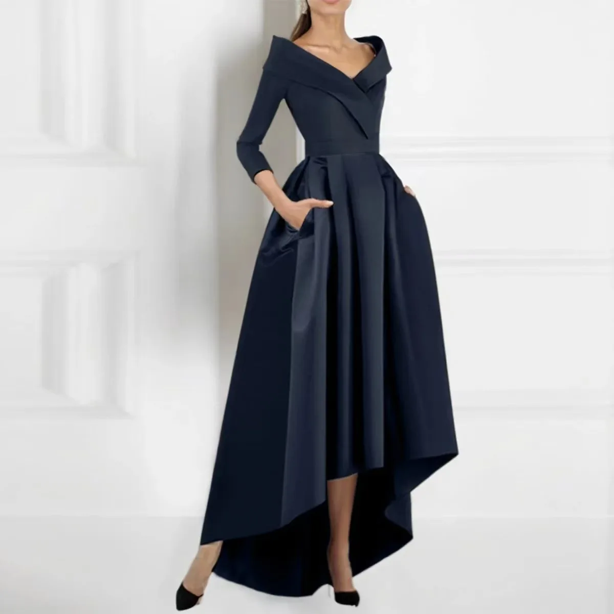 

New Arrival Navy Blue Evening Pageant Dress 2025 V-neck Half Sleeves High Low Satin Prom Formal Party Gowns Gala Robe De Soriee