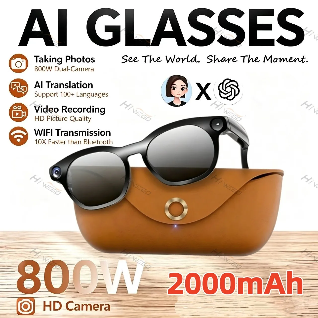 2026 New Smart Glasses 800W Take Pictures Record Al Translation WIFI Transmission AI Recognition GPT 2000MAH Music Smart Glasses