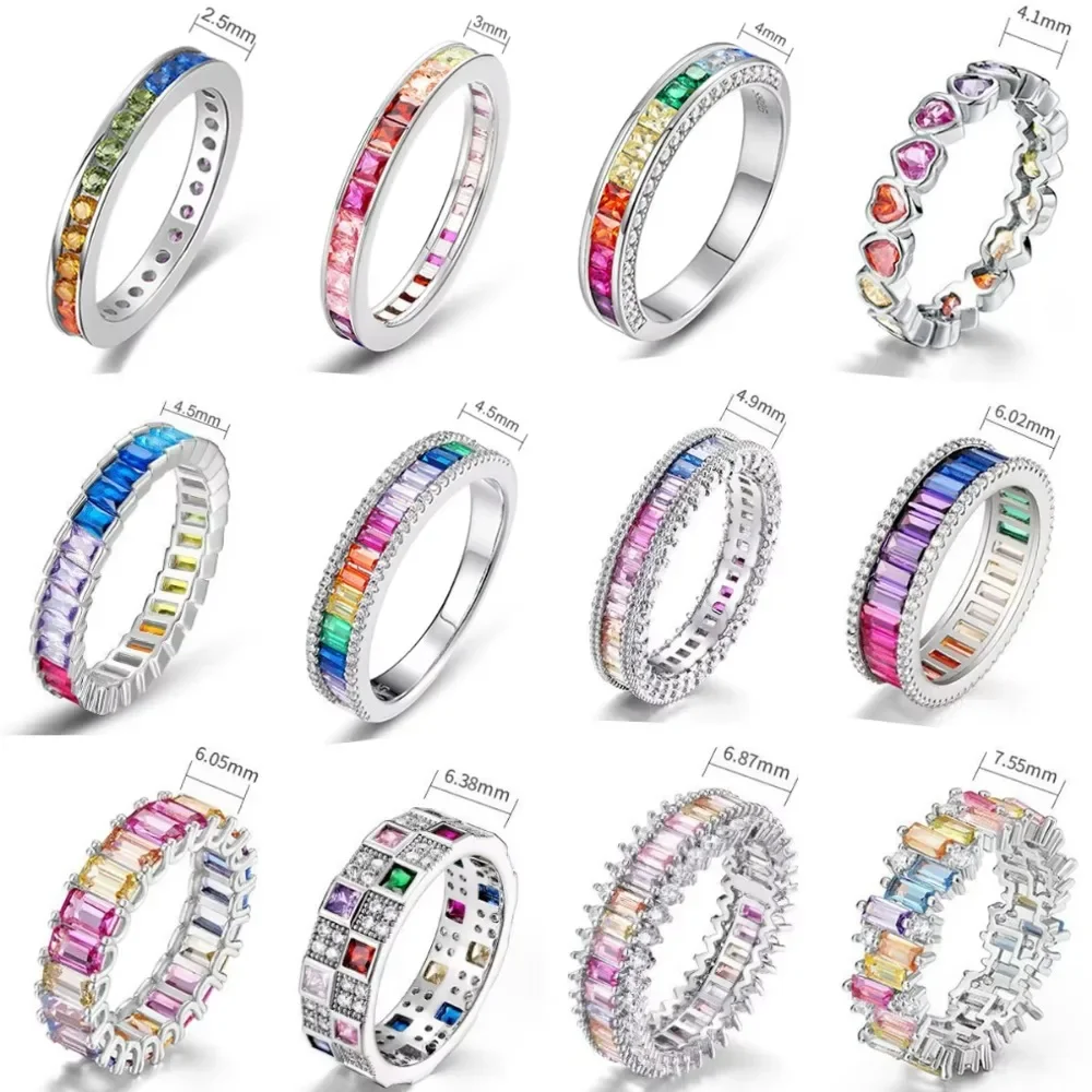 ALLNOEL 100% 925 Sterling Sliver Eternity Finger Rings for Women Rainbow Zircon Colorful CZ Engagement Wedding Band Jewelry Gift - Image 3