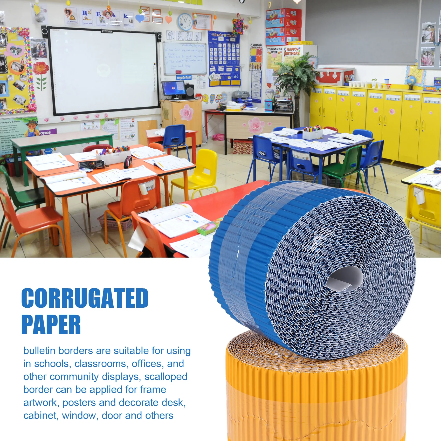 กระดาษตกแต่งขอบกระดานข่าวแบบมืออาชีพ 2 ม้วน ขอบหยัก สำหรับตกแต่งขอบ (สีเหลืองและสีน้ำเงิน)